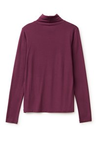 Burgunderfarbener Langarmrollkragenpullover aus weichem Stoff mit lässiger Passform, doppeltem Kragen und geradem Saum.