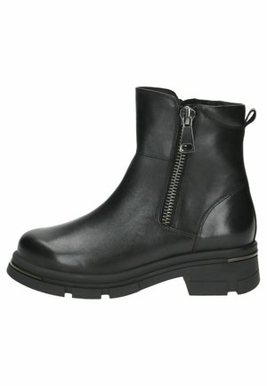Black leather ankle boots with a side zipper, rounded toe, chunky sole, and subtle silver accent on the heel. Smooth texture.