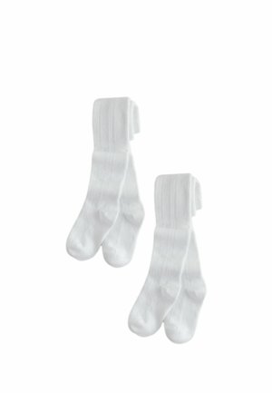Zwei Paar schlichte weiße, gerippte knielange Socken nebeneinander auf weißem Hintergrund.
