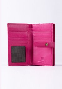 Pink leather wallet with multiple card slots, a clear ID window, and a textured accent area. Features a snap closure and embossed logo.