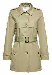 Jasnooliwkowy trencz z dużymi guzikami, z paskiem w talii i epauletami, posiadający dwie przednie kieszenie i prosty krój.