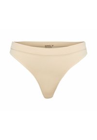 String beige en tissu côtelé avec une large ceinture et l'étiquette de la marque "ONLY" imprimée à l'intérieur de la ceinture.