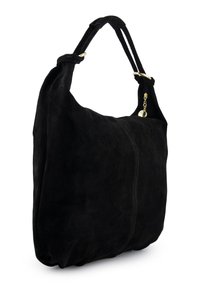 Czarna torba na ramię z zamszu o miękkiej fakturze, wyposażona w dwa krótkie uchwyty i subtelne złote akcenty metalowe. Prosty, zaokrąglony kształt.