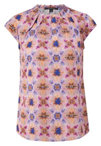 Blouse sans manches avec encolure froncée, présentant un motif floral abstrait coloré en tons violets, orange, bleu et rose.