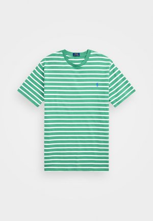 Green and white striped t-shirt with a round neckline and short sleeves. Features a small blue logo on the left chest area.