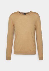 Suéter de cuello redondo de manga larga color marrón claro, hecho de tela suave, con puños y dobladillo acanalados, de diseño sencillo y limpio.