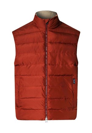 Czerwona ocieplana kamizelka z wysokim kołnierzem, z przodu na zamek błyskawiczny oraz dwoma bocznymi kieszeniami. Pikowana konstrukcja z poziomymi przeszyciami. Lekki materiał.