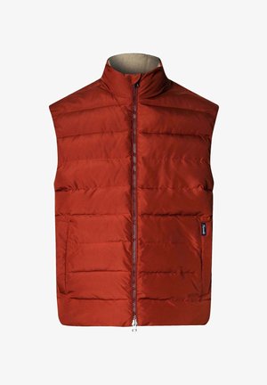 Czerwona ocieplana kamizelka z wysokim kołnierzem, z przodu na zamek błyskawiczny oraz dwoma bocznymi kieszeniami. Pikowana konstrukcja z poziomymi przeszyciami. Lekki materiał.