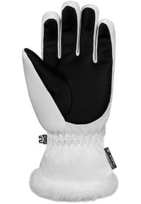 Winter glove featuring a white outer shell, black leather palm, and fur-lined cuff. Includes an elastic wrist and brand tag on the side.