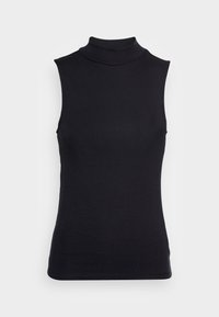 Svart ärmlös polokrage-top i stretchmaterial; figurnära design med en mjuk textur och hög hals, lämplig för lager på lager.