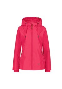 Rosa wasserdichte Jacke mit Kapuze, Reißverschluss und seitlichen Taschen. Hergestellt aus glattem, leichtem Material mit einem Herz-Logo-Akzent.