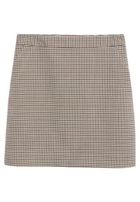 Ein brauner und schwarzer karierter Minirock mit geradem Schnitt, der eine glatte Textur und einen schlichten Bund aufweist.