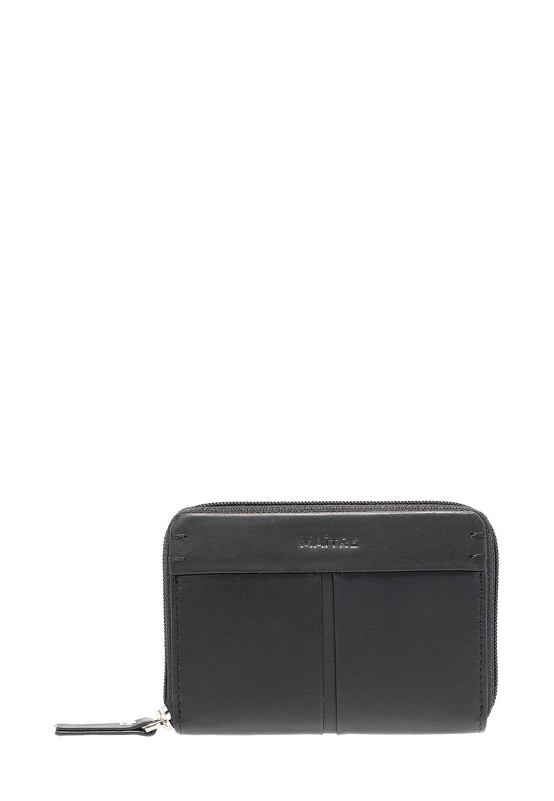 Black leather wallet with a zip closure, featuring multiple card slots and embossed branding on the front. Smooth texture with minimalist design.