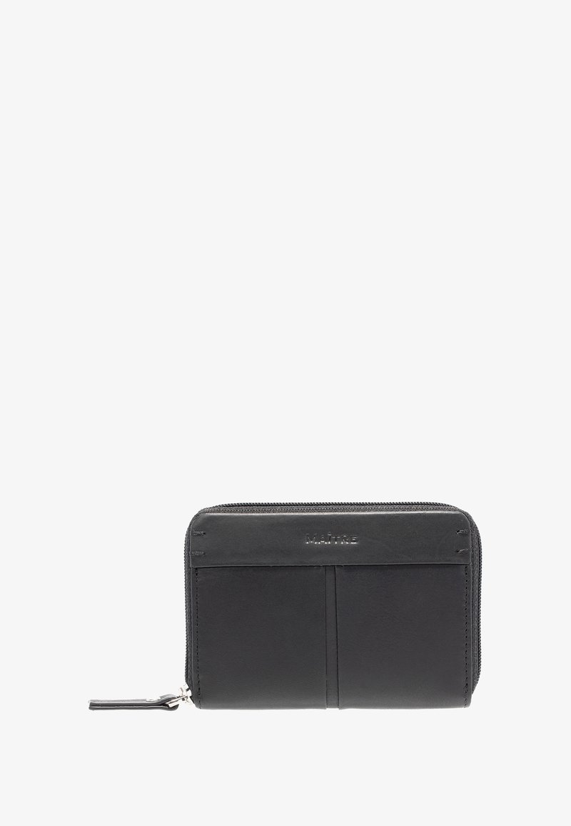 Black leather wallet with a zip closure, featuring multiple card slots and embossed branding on the front. Smooth texture with minimalist design.