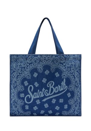Borsa tote blu con stampa paisley e scritta "Saint Barth", dotata di due spallacci e forma rettangolare.