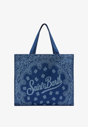 Borsa tote blu con stampa paisley e scritta "Saint Barth", dotata di due spallacci e forma rettangolare.