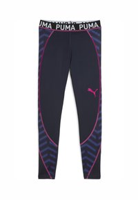Leggings attivi PUMA aderenti, di colore blu scuro con motivi a chevron rosa e blu, dotati di una ampia vita nera contrassegnata con la scritta "PUMA."