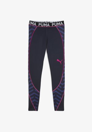 PUMA fitted active leggings, dark navy with pink and blue chevron patterns, featuring a wide black waistband labeled "PUMA."