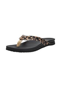 Leopard print flip-flop sandal with a black rubber sole, textured footbed, and a tan fabric thong strap.