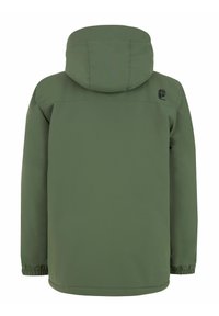 Veste verte à capuche avec des poignets élastiques et un logo dans le dos. Tissu lisse et durable avec un design épuré.