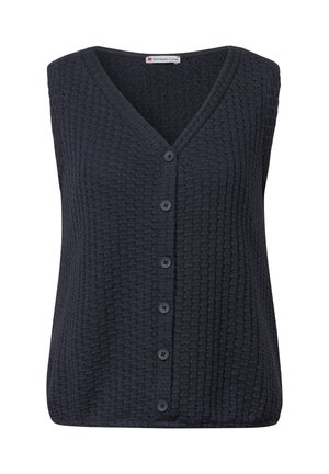 Navy blue, sleeveless knit top with a v-neck and textured pattern, featuring six buttons down the front for closure.