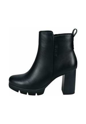 Bottine en cuir noir avec talon bloc, semelle texturée, languette de tirage latérale et embossage sur le côté extérieur avec le nom de la marque "BAGATT".