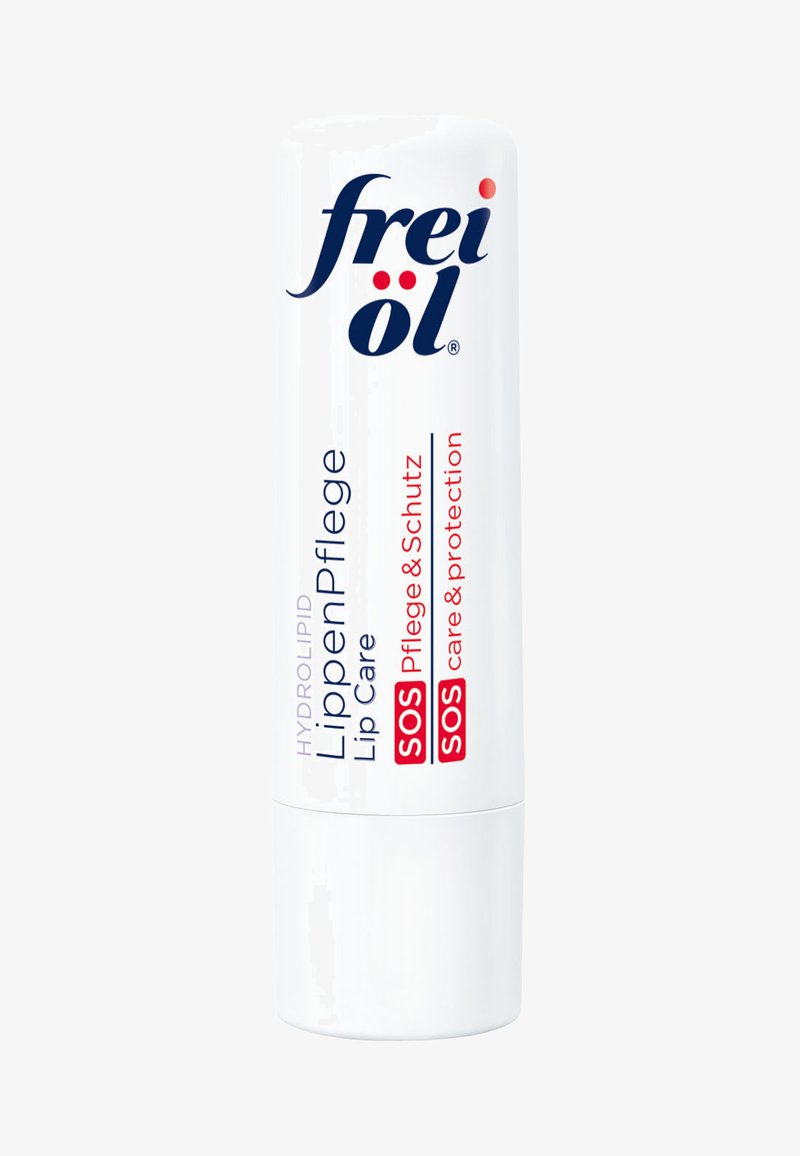 White cylindrical lip balm tube with blue and red text. Features "frei öl" logo, "LippenPflege," and "SOS care & protection" in different fonts.