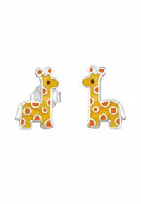Orecchini a forma di giraffa realizzati in smalto giallo con pois arancioni, montati in metallo color argento. Presentano una texture liscia e un design giocoso.