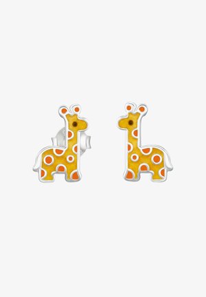 Orecchini a forma di giraffa realizzati in smalto giallo con pois arancioni, montati in metallo color argento. Presentano una texture liscia e un design giocoso.