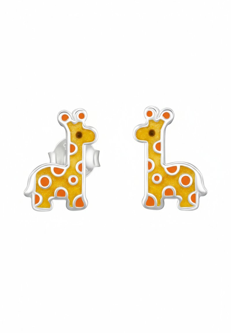 Orecchini a forma di giraffa realizzati in smalto giallo con pois arancioni, montati in metallo color argento. Presentano una texture liscia e un design giocoso.