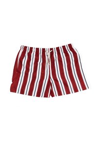 Costumi da bagno a righe rosse e bianche con strisce nere, cintura elastica e cordoncino per la regolazione. Tessuto leggero.