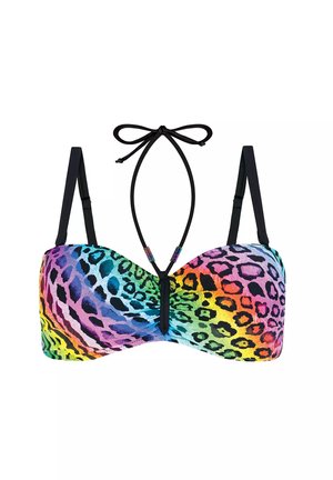 Wielokolorowy biustonosz bikini w wzór lamparta. Wykonany z gładkiego materiału, z cienkimi czarnymi ramiączkami i zapięciem nawiązywanym z tyłu.