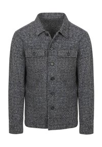 Grijs-zwart gebreid jasje met een knoopsluiting aan de voorkant, twee borstzakken en een omslagkraag. Gestructureerde stof. Lange mouwen.