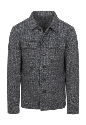 Grijs-zwart gebreid jasje met een knoopsluiting aan de voorkant, twee borstzakken en een omslagkraag. Gestructureerde stof. Lange mouwen.