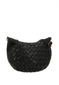 Schwarze, gewebte Lederschultertasche in Halbmondform mit verstellbarem Riemen und Messingschnallendetail.
