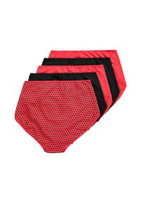 Pięć damskich majtek z wysokim stanem w naprzemiennych kolorach: jednolity czerwony, jednolity czarny oraz czerwony w czarne kropki, ułożonych wachlarzowo.