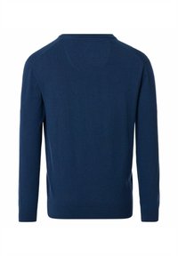 Granatowy sweter z długimi rękawami, okrągłym dekoltem i gładką teksturą dzianiny. Bocznie rozcięcia u dołu dla lepszego komfortu i dopasowania.