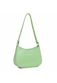 Borsa a spalla in pelle verde con una forma curvata, tracolla regolabile e logo discreto impresso sul davanti. Texture liscia senza motivi.
