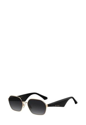 Occhiali da sole neri e oro con forma ottagonale, lenti scure sfumate e aste nere eleganti con logo sulla stanghetta.
