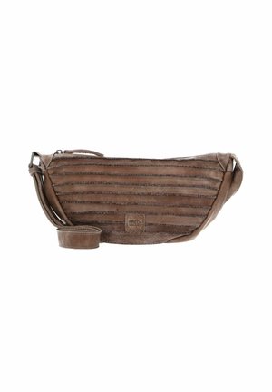 Borsa a vita in pelle marrone con texture a righe, cinturino regolabile, chiusura con zip e un piccolo logo. Forma rettangolare compatta.