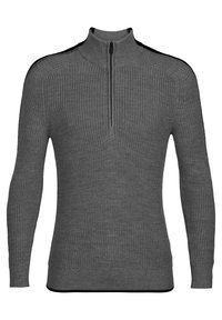 Grauer gestrickter Pullover mit hohem Kragen und einem halben Reißverschluss. Verfügt über schwarze Akzente an den Schultern und einen strukturierten, gerippten Stoff.