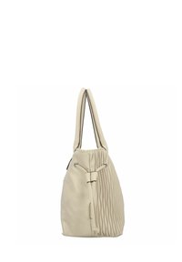 Sac à main plissé beige avec une texture douce, conçu avec une forme arrondie, deux poignées et une fermeture à cordon de serrage avec des détails métalliques.