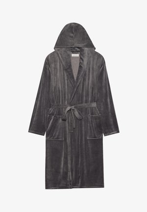 Sivi žametni kopalni plašč s kapuco, dolgimi rokavi, s pripenjanjem in dvema sprednjima žepoma; mehak tekstura s gladko površino.