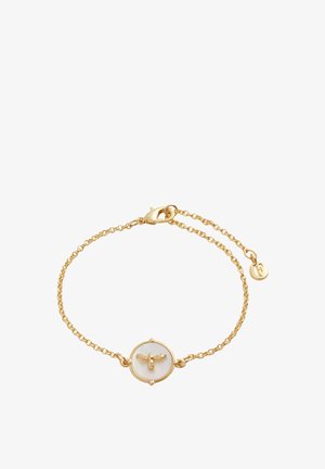 Guldarmbånd med et rundt musselcenter i perlemor med et bi-design. Delikat kæde med en hummerklap og et lille logo vedhæng.