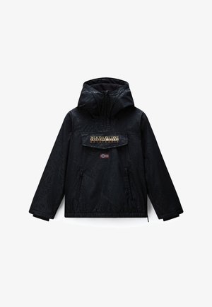 Schwarze Napapijri Kapuzenjacke mit Fronttasche, Reißverschluss-Öffnungen, dezentem Muster und norwegischem Flaggenaufnäher auf der Brust.