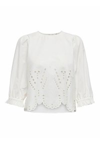 Weiße Bluse mit puffartigen Ärmeln, Spitzenverzierungen am Saum und Ausschnitten auf der Vorderseite. Hergestellt aus leichtem Baumwollstoff.
