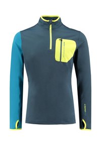 T-shirt de sport à manches longues en bleu foncé avec des manches turquoise. Présente un col zippé jaune et une petite poche poitrine avec un accent jaune.