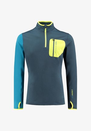 T-shirt de sport à manches longues en bleu foncé avec des manches turquoise. Présente un col zippé jaune et une petite poche poitrine avec un accent jaune.