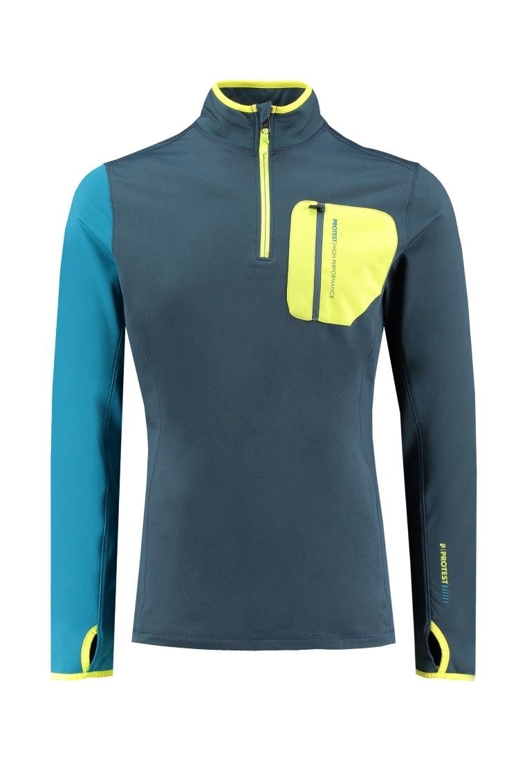 T-shirt de sport à manches longues en bleu foncé avec des manches turquoise. Présente un col zippé jaune et une petite poche poitrine avec un accent jaune.