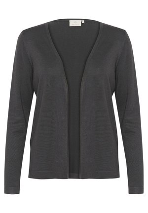 Dark grey cardigan featuring a relaxed fit, open front, long sleeves, and ribbed texture. Made from soft, lightweight fabric.